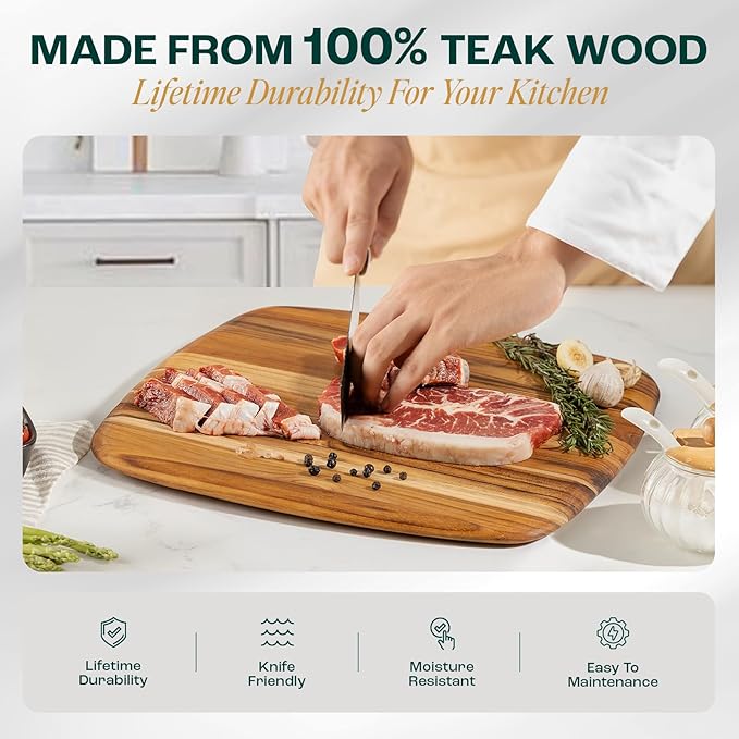 Yes4All Teak Cutting Boards for Kitchen, [12"x0.6"Thick] Easy Handle Serving Board, Pre-Oiled Teak Wood Charcuterie Board, Multipurpose use for Slicing, Serving, Decorating Wood Cutting Board