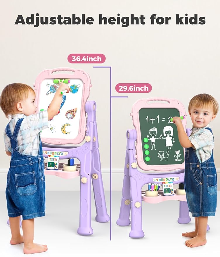 YOHOOLYO Kids Easel Standing Art Easel for Kids, Double Sided Children Pink Purple Easel Magnetic Chalkboard Whiteboard Dry Eraser Board Great Gift for Girls