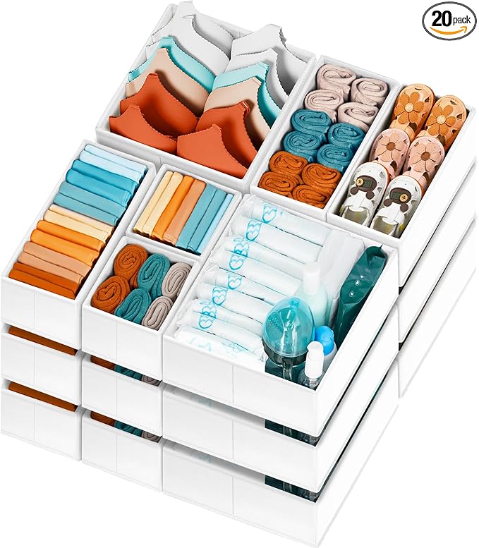 【FAMILY PACK】Drawer Organizer Clothes, 20 Pack Dresser Organizer Bins for Baby Clothes - Underwear Bra Sock Organizer - Fabric Closet Organization and Storage Dividers for Nursery Bedroom Dorm