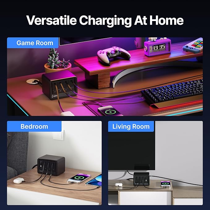 12-in-1 Desktop Charging Station with 3 Retractable Type-C Chargers and 1 Lightning Charger, 40W USB-C Power Strip with Flat Plug, Extension Cord with 1020J Surge Protection for Home Office