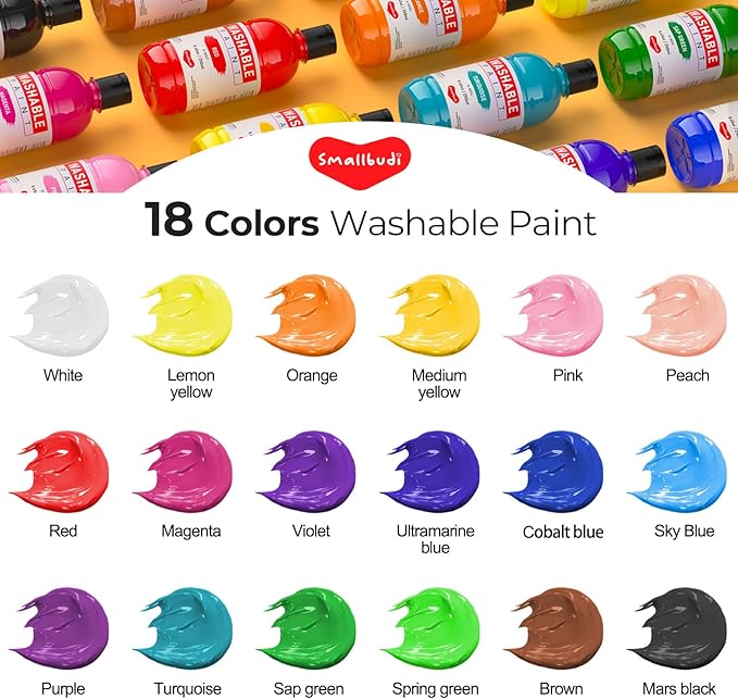 18 Colors Large Washable Paint Set for Kid (8.45oz,250 ml), Bulk Paint Supplies Non Toxic Children Tempera Paint for Art, Craft, DIY, Poster & Finger Paint, Face, School Home Classroom Party