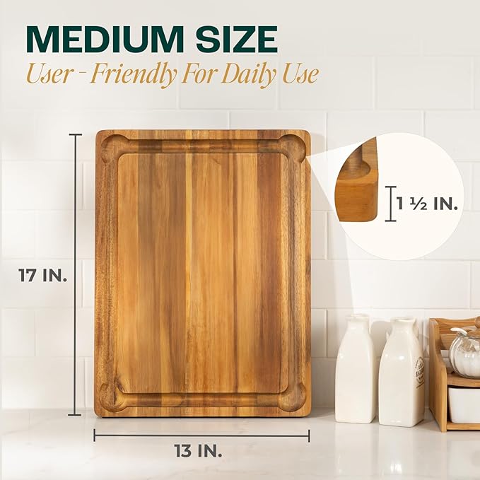 Yes4All Durable Acacia Cutting Boards for Kitchen, [17''Lx13''Wx1.5” Thick] Medium Edge Grain Cutting Board, Pre Oiled Wood Cutting Boards, Thick Chopping Board w/Juice Grooves and Easy Grip Handle