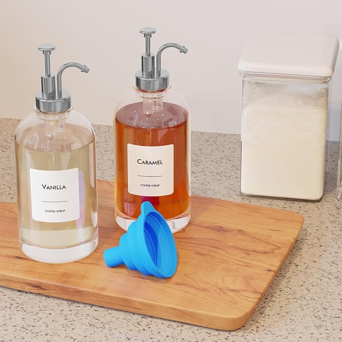 16.9 oz/500 ml Coffee Syrup Dispenser Set - 4 Glass Bottles with Silver Pumper and Syrup Labels - Precise Dispensing and Stylish Addition to Coffee Shop, Cafe or Home Bar