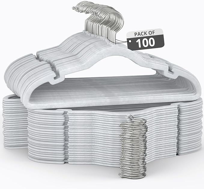 100 Pack Velvet Hanger for Shirt Pants Dresses Skirts Suits Jackets - Slim Space Saving Design - Standard Coat Hanger - Sturdy & Durable Design with Shoulder Grooves Hook - Ivory