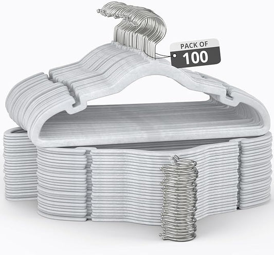 100 Pack Velvet Hanger for Shirt Pants Dresses Skirts Suits Jackets - Slim Space Saving Design - Standard Coat Hanger - Sturdy & Durable Design with Shoulder Grooves Hook - Ivory