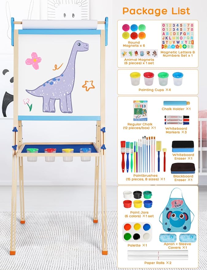 YOHOOLYO Kids Easel Wooden Children Art Easel Paper Roll,Double Sided Magnetic Whiteboard Chalkboard Dry Eraser Adjustable Height for Boys Girls Gifts