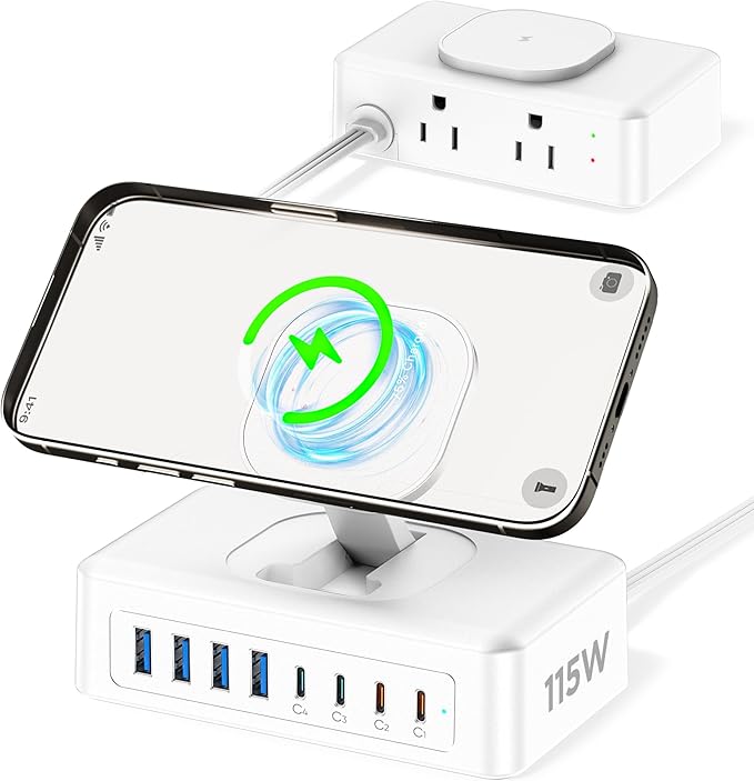 115W USB Charging Station Power Strip, 11-in-1 USB C Charger Block, 2AC Outlets with 8USB Ports(4USB-C), 5FT Flat Plug Extension Cord, Fast Charging Desktop Charger for Home Office Dorm Room, White