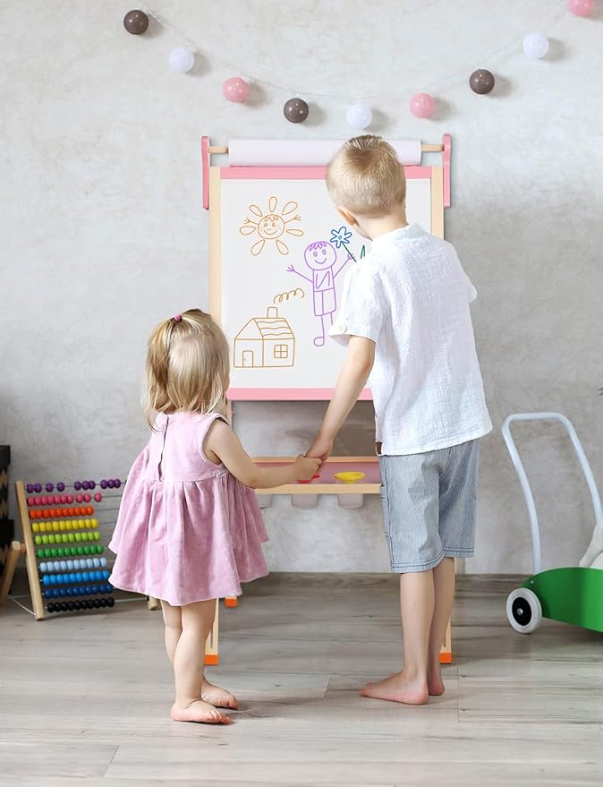 YOHOOLYO Kids Easel Wooden Children Art Easel Paper Roll,Double Sided Magnetic Whiteboard Chalkboard Dry Eraser Adjustable Height for Boys Girls Gifts