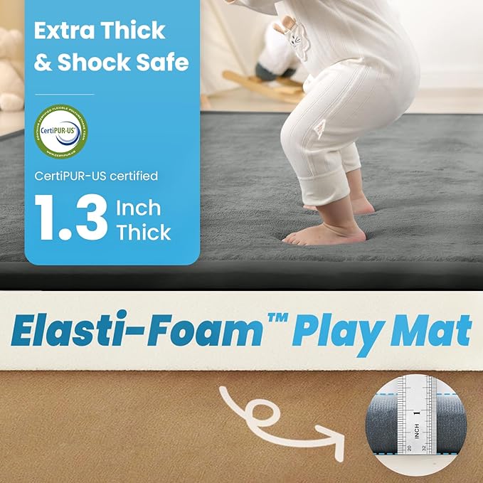 1.3" Thick Baby Play Mat for Floor, 79x79 Large Foam Tummy Time Mat, Padded Support Soft Plush Nursery Rug for Infant Kids Toddler Crawling Kick Activity (Dark Grey)