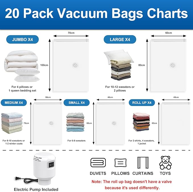 ZXA Vacuum Storage Bag with Electric Air Pump, 20 Pack (4 Jumbo, 4 Large, 4 Medium, 4 Small, 4 Roll Up Bags) Vacuum Seal Bags for Clothing, Pillows, Blanket, Duvets, Comforters, Travel