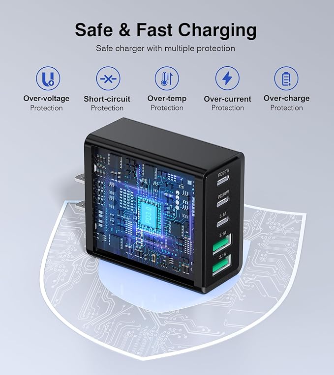 [2-Pack] USB C Wall Charger, 60W Type C Charger Block 5-Port Fast Charging Blocks,3USB C+2USB A Multiport Plug,PD Power Adapter Brick Cube for iPhone 16/15/14/13/12/Pro,iPad,Samsung,for Switch（Black）