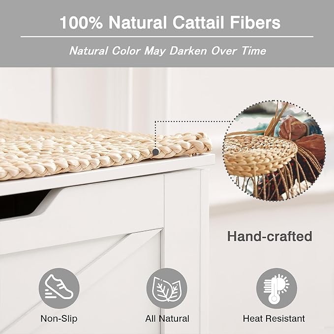 VECELO 30" Storage Chest with Lift Top Storage, Farmhouse Style Ottoman with Handwoven Wicker Cushion, Safety Hinges, Ideal for Entryway, Bedroom, Living Room, Ivory White