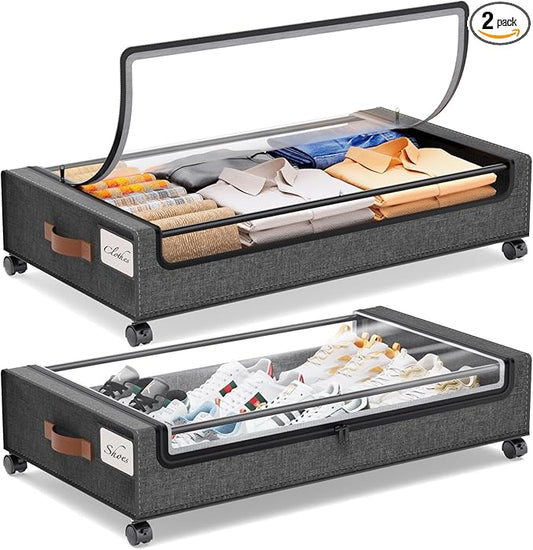 Yecaye Under Bed Storage with Wheels, 2Pack Under Bed Storage Containers, Underbed Shoe Storage Organizer, Rolling Under Bed Metal Drawers for Clothes, Blankets(30.71 x 16.93 x 6.69 in)