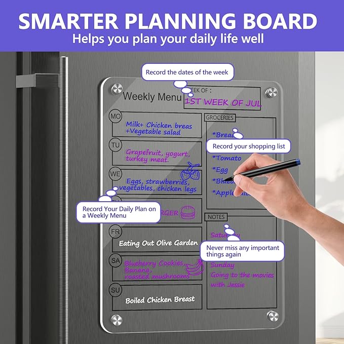 16''x12'' Acrylic Meal Planner Magnetic Menu Board for Kitchen Fridge, Clear Weekly Calendar Planning Board Noteboard Dry Erase Board to Do/Grocery/Shopping List/Chore Chart Includes 6 Markers