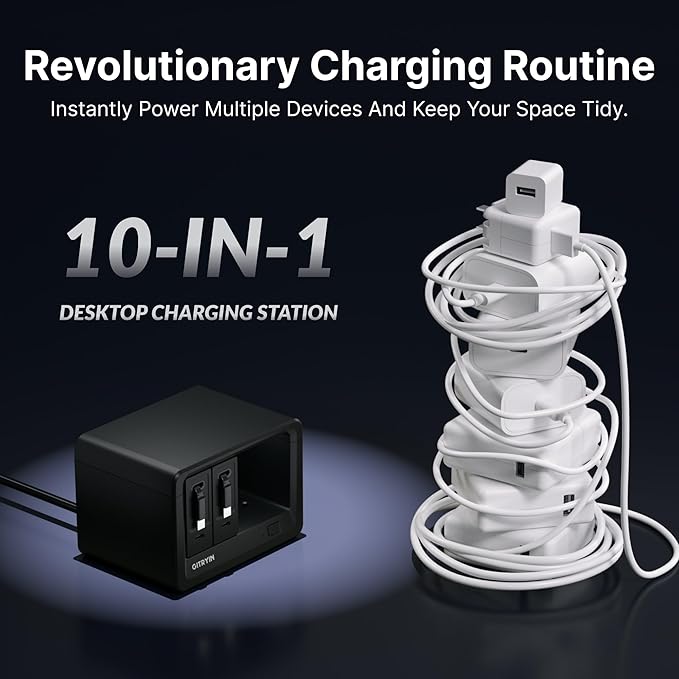 10-in-1 Desktop Charging Station with 2 Retractable Type-C Wall Chargers, 40W USB-C Power Strip with Flat Plug, Extension Cord with 1020J Surge Protection for Home Office