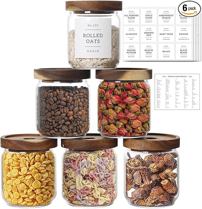 16 OZ Stackable Glass Food Storage Jars with 132 Pantry Labels Preprinted - 6 Pcs Thicken Glass Storage Containers with Airtight Acacia Lid - Clear Kitchen Canister for Spice, Tea, Coffee, Sugar