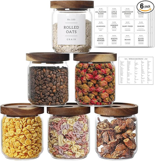 16 OZ Stackable Glass Food Storage Jars with 132 Pantry Labels Preprinted - 6 Pcs Thicken Glass Storage Containers with Airtight Acacia Lid - Clear Kitchen Canister for Spice, Tea, Coffee, Sugar
