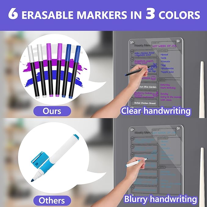 16''x12'' Acrylic Meal Planner Magnetic Menu Board for Kitchen Fridge, Clear Weekly Calendar Planning Board Noteboard Dry Erase Board to Do/Grocery/Shopping List/Chore Chart Includes 6 Markers