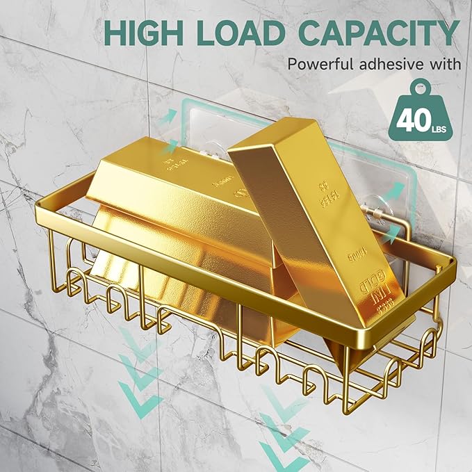 Veken Adhesive Shower Caddy 6-Pack,Gifts for Women Mom,Heavy Weight Bearing,Large Wall Mounted Bathroom Shelves Rack,Organizer Storage Accessories with Soap Dish&Toothbrush Holder,Bright Gold