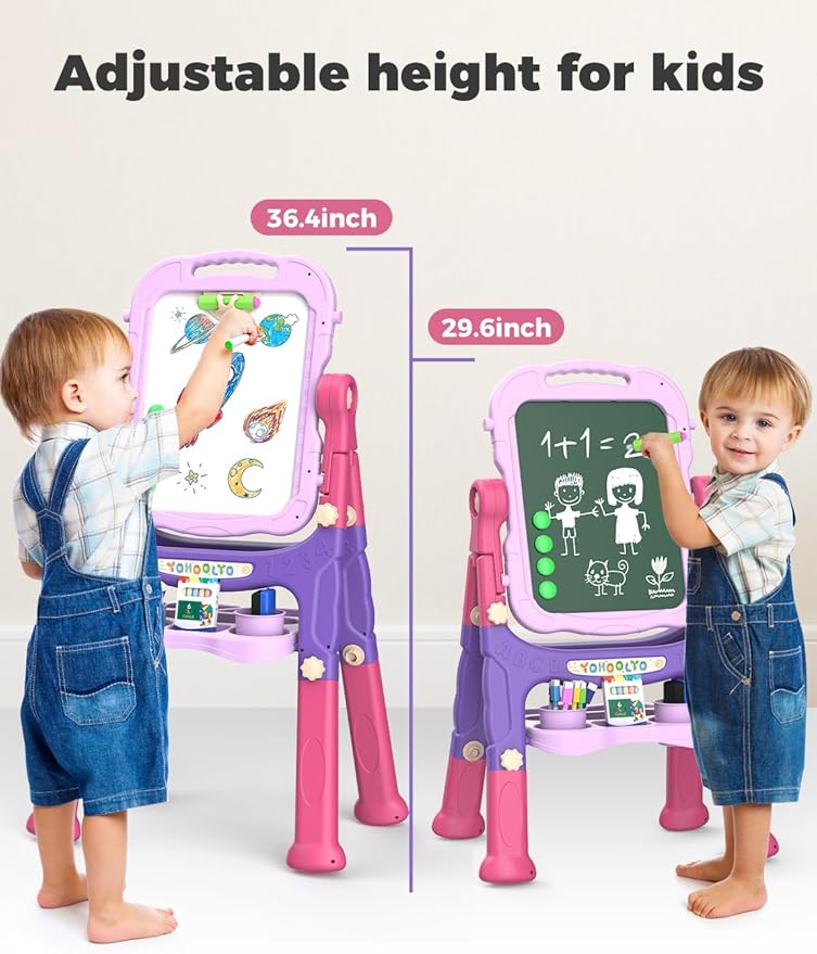 YOHOOLYO Kids Easel Standing Art Easel for Kids, Double Sided Children Pink Purple Easel Magnetic Chalkboard Whiteboard Dry Eraser Board Great Gift for Girls