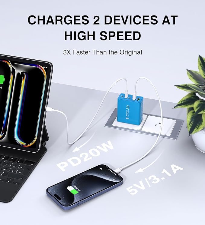 [60W/2Pack] Wall Charger, USB C Charger Block, 5-Port PD + QC 3.0 Fast Charging Power Plug Adapter Brick for Watch Series 10 9 8 7, for iPhone 16 15 14 13 Pro Max Airpod, Samsung Galaxy S24(Blue)