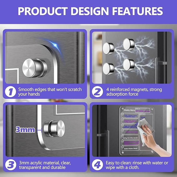16''x12'' Acrylic Meal Planner Magnetic Menu Board for Kitchen Fridge, Clear Weekly Calendar Planning Board Noteboard Dry Erase Board to Do/Grocery/Shopping List/Chore Chart Includes 6 Markers