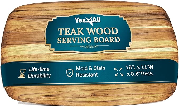Yes4All Teak Cutting Boards for Kitchen, [16''Lx11''Wx0.6”] Easy Handle Serving Board, Pre-Oiled Teak Wood Charcuterie Board, Multipurpose use for Slicing, Serving, Decorating Wood Cutting Board