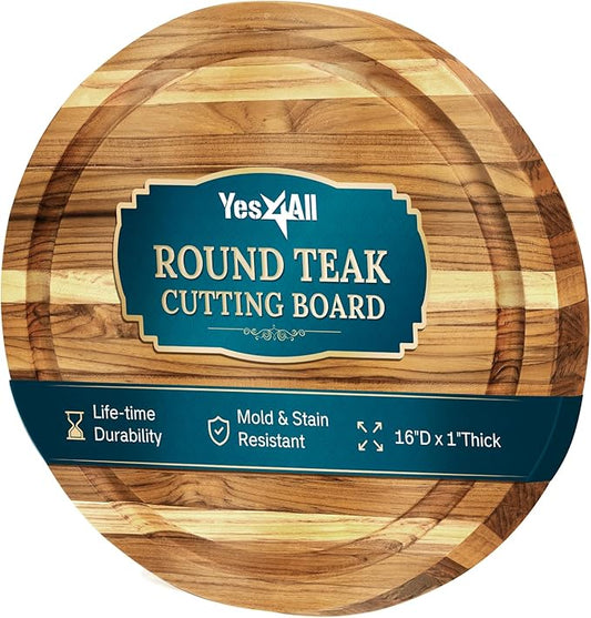 Yes4All Round Teak Cutting Boards for Kitchen, [16"D x 1"Thick] Edge Grain Cutting Board, Teak Wood Serving Board, Food Safe Surface for Slicing and Serving,Wood Charcuterie Board with Build In Handle
