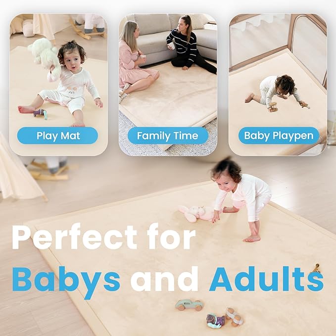 1.3" Thick Baby Play Mat for Floor, 39x59 Foam Tummy Time Mat, Padded Support Soft Plush Nursery Rug for Infant Kids Toddler Crawling Kick Activity (Beige)