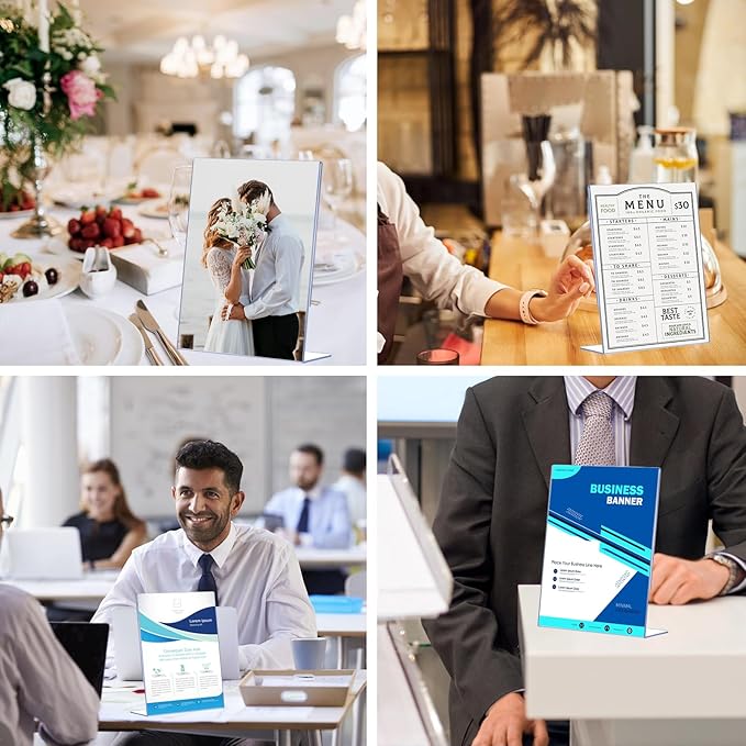 12 Pack Slanted Back Acrylic Sign Holders 5x7 for Business & Store, Tabletop Vertical Sign Holder with Anti-Slip Pads Clear Display Stand, for Menus Flyer Documents Office Restaurants Party Decoration