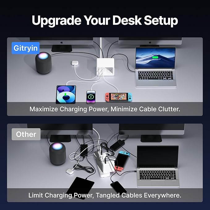 10-in-1 Desktop Charging Station with 2 Retractable Wall Chargers, 40W USB-C Power Strip with 6 AC, 2 USB C, 2 Type-C 31.5in Cables, Extension Cord with 1020J Surge Protection for Home Office