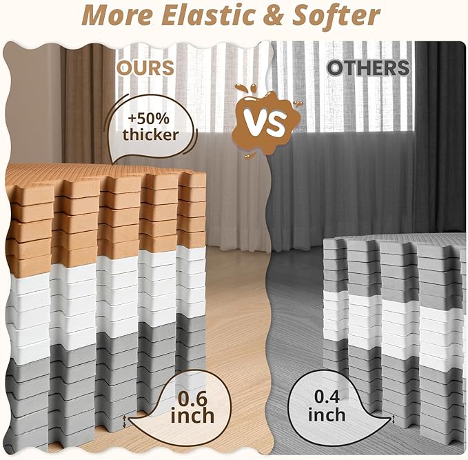 16 Tiles Baby Play Mat for Floor, EVA Foam Baby Floor Play Mat with 0.6 Inch Thick Interlocking Foam Tiles, Foam Floor Tiles for Baby, Toddlers and Kids (White-Brown-Grey, 16PCS)