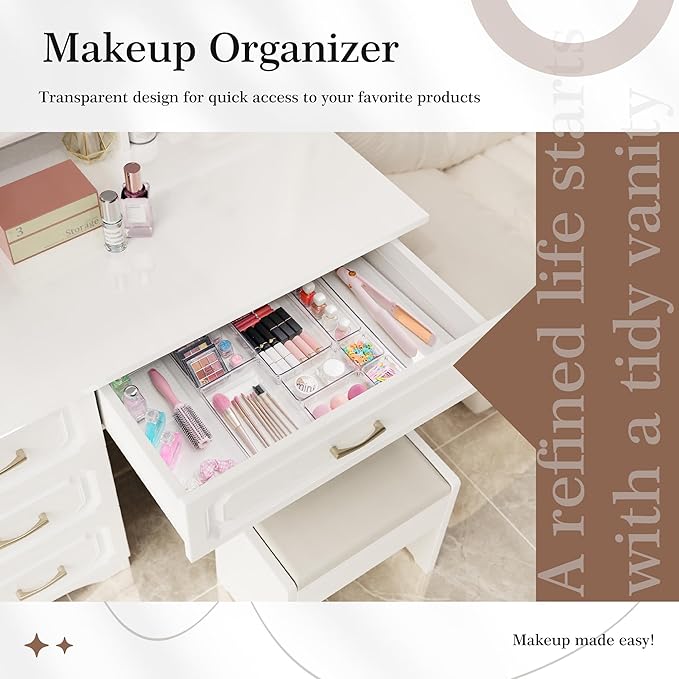 Criusia 11 PCS Clear Plastic Drawer Organizer Set - 5 Large Size Versatile Kitchen and Bathroom Organizer Trays, Non-Slip Storage Bins for Makeup, Utensils, Tool and Office Desk