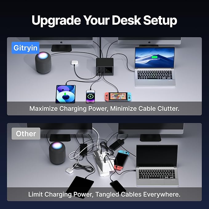 10-in-1 Desktop Charging Station with 2 Retractable Type-C Wall Chargers, 40W USB-C Power Strip with Flat Plug, Extension Cord with 1020J Surge Protection for Home Office