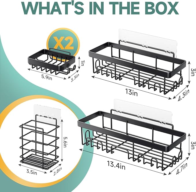 Veken Rustproof & Waterproof Shower Caddy 5-Pack, No Drilling Adhesive Wall Mounted Shower Shelves Rack, Heavy Weight Bearing, Large Organizer Storage Accessories, Ideal for Bathroom, Home & Kitchen