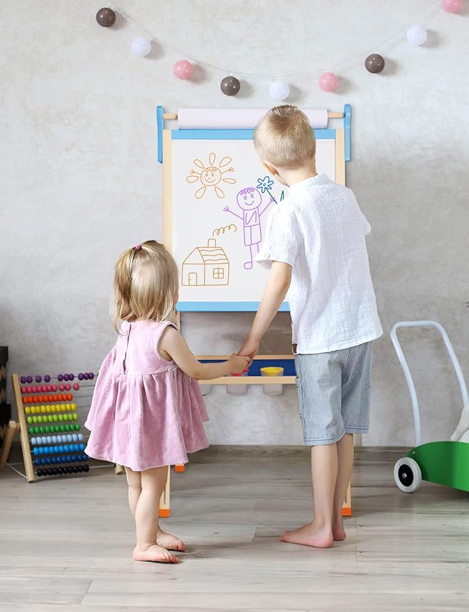 YOHOOLYO Kids Easel Wooden Children Art Easel Paper Roll,Double Sided Magnetic Whiteboard Chalkboard Dry Eraser Adjustable Height for Boys Girls Gifts