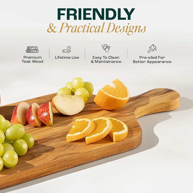 Yes4All Teak Cutting Boards for Kitchen, [20''Lx10''Wx0.75”] Ergonomic Handle Serving Board, Pre-Oiled Teak Wood Charcuterie Board, Multipurpose use for Slicing and Serving Wood Cutting Boards