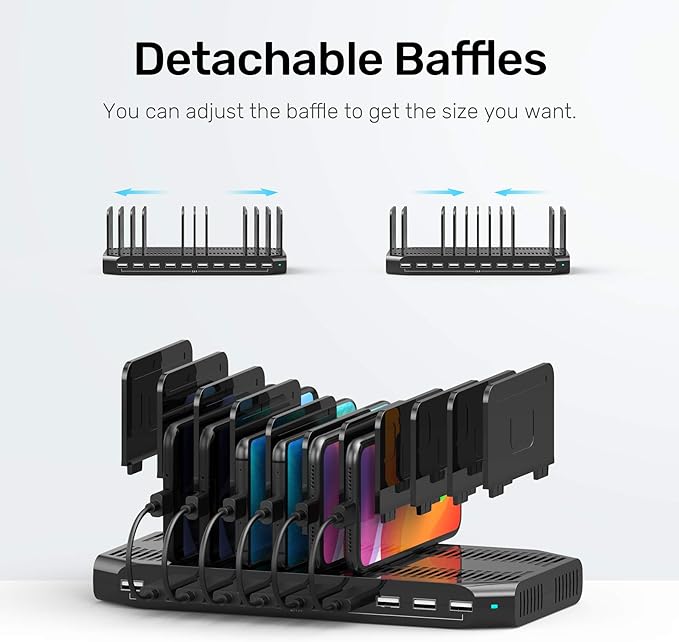 【10PCS】 Unitek Multi Charging Station, 10-Port USB Charger for Multiple Device with SmartIC Tech and Adjustable Dividers, Organizer Stand Compatible with iPad, Tablet, Kindle, iPhone - 10PCS, White