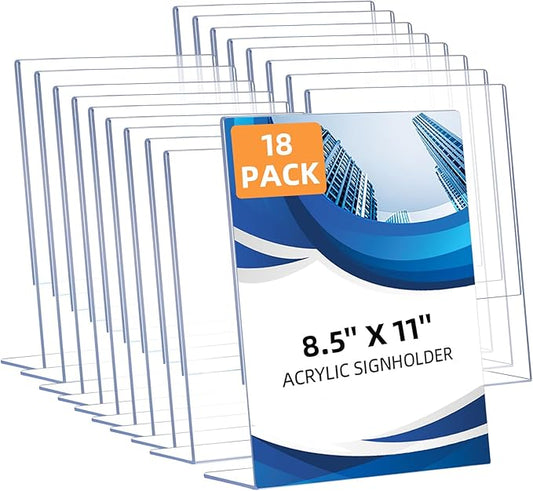 18 Pack Acrylic Sign Holder 8.5 x 11, Clear Plastic Display Stands for Tabletop, L-Shape Acrylic Stands for Flyers, Documents, Office, Restaurants, Vertical Sign Holder 8.5x11 for Desktop