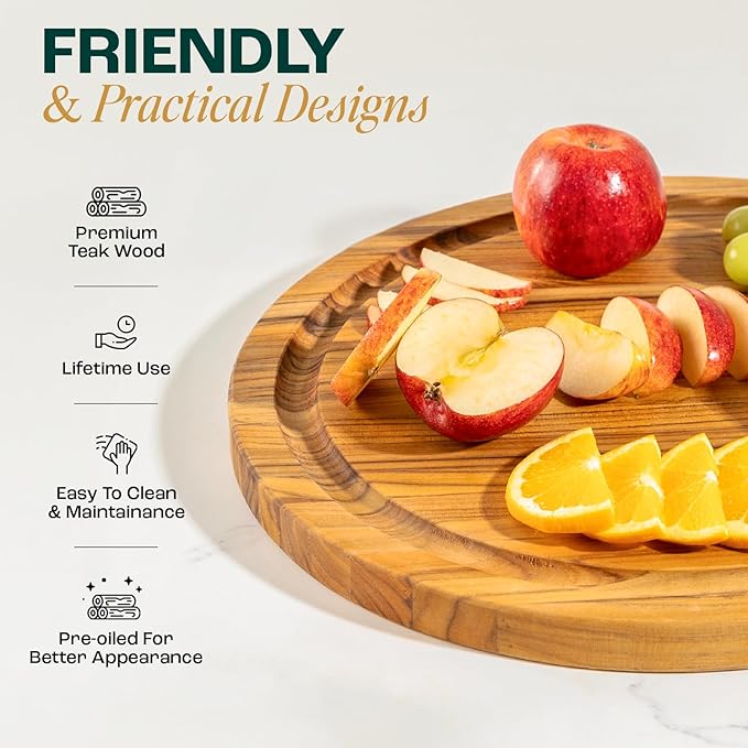 Yes4All Round Teak Cutting Boards for Kitchen, [16"D x 1"Thick] Edge Grain Cutting Board, Teak Wood Serving Board, Food Safe Surface for Slicing and Serving,Wood Charcuterie Board with Build In Handle