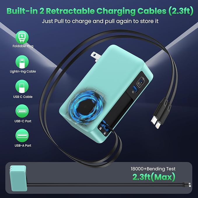 120W USB C Charger Block with 2 Built-in Retractable Cables,4-in-1 GaN IV Foldable Plug Wall Charger Fast Charging Station,PD 65W Laptop Adapter for MacBook/iPad,iPhone 16/15,Galaxy S24,Android-Green