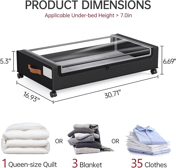 Yecaye 60L Under Bed Storage with Wheels, 2 Pack Under Bed Storage Containers, Underbed Shoe Storage with Clear Window & Label, Rolling Under Bed Metal Drawer for Clothes, Shoes,Toys, Books, Black