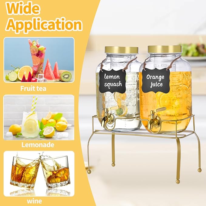 1 Gallon Glass Drink Dispenser Set of 2 – Drink Dispensers for Parties, Beverage Dispenser with Stand & 100% Leakproof Spigot, Ideal for Lemonade, Juice, Iced Tea, Laundry Detergent Dispenser