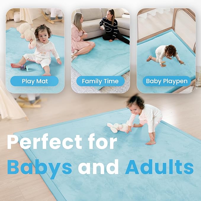 1.3" Thick Baby Play Mat for Floor Playpen, 50x50 Foam Tummy Time Mat, Padded Support Soft Plush Nursery Rug for Infant Kids Toddler Crawling Kick Activity (Ice Blue)