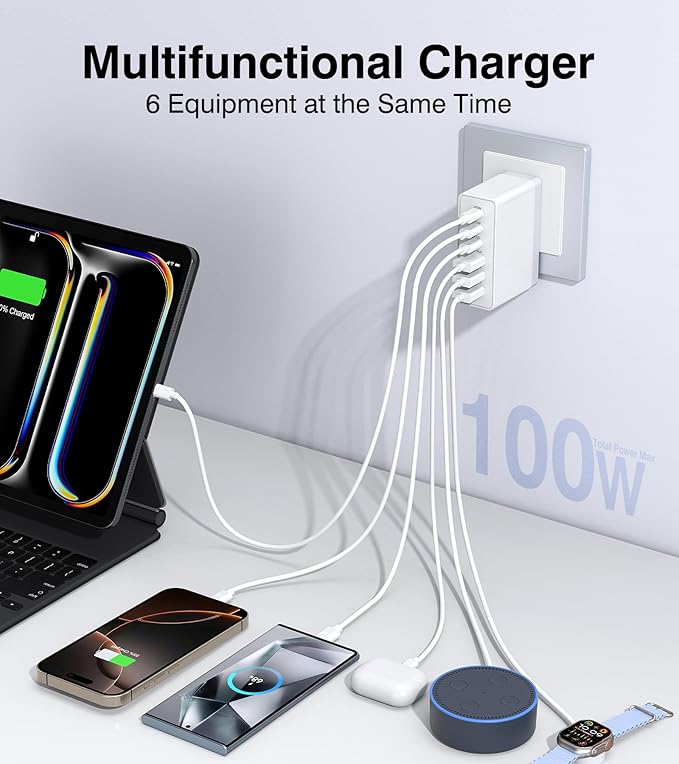 100W USB C Wall Charger,6-Port PD Fast USB C Charging Block,3 Type C+3Type A Multiport Plug,6 in 1 Charger Compatible with for iPhone 16/15/14/13/12/ProMax,iPad,AirPods4,Galaxy S25/S24,Watch,AirPorts
