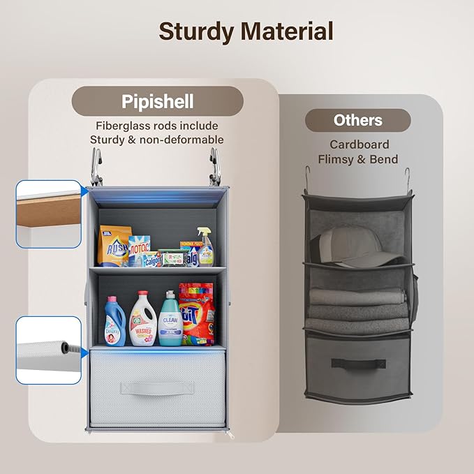 Pipishell 6-Shelf Hanging Closet Organizer, Hanging Shelves with 2 Separable 3-Tier Shelves, Closet Shelves Organizer with 3 Removable Drawers for Wardrobe, Nursery, Baby Clothes Organizer, Gray