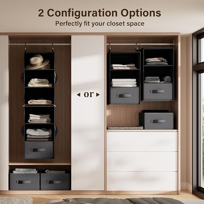 Pipishell 6-Shelf Hanging Closet Organizer, Hanging Shelves with 2 Separable 3-Tier Shelves, Closet Shelves Organizer with 3 Removable Drawers for Wardrobe, Nursery, Baby Clothes Organizer, Black