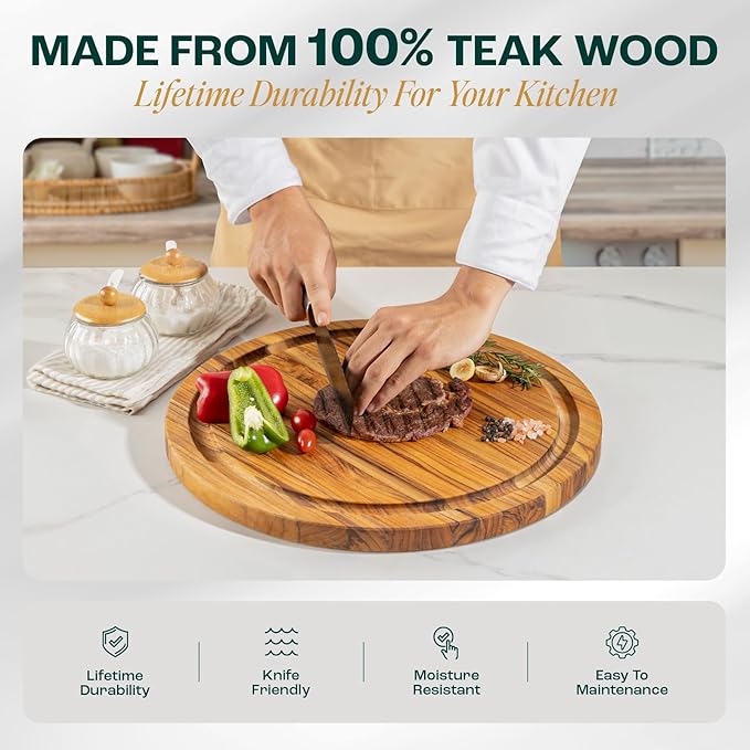 Yes4All Round Teak Cutting Boards for Kitchen, [16"D x 1"Thick] Edge Grain Cutting Board, Teak Wood Serving Board, Food Safe Surface for Slicing and Serving,Wood Charcuterie Board with Build In Handle