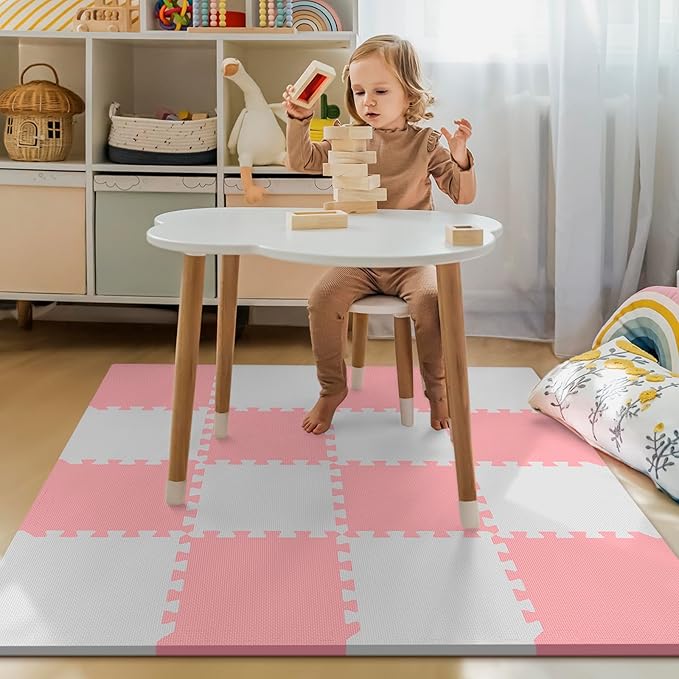 16 Tiles Baby Play Mat for Floor, EVA Foam Baby Floor Play Mat with 0.6 Inch Thick Interlocking Foam Tiles, Foam Floor Tiles for Baby, Toddlers and Kids (Grey-White- Pink, 16PCS)