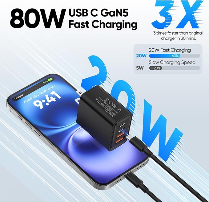 [2-Pack] USB C Wall Charger,80W 4-Port Type C Fast Charging Block,USBC Multiport Wall Plug PD&QC GaN Charging Cube with 6.6FT USB C Cable for iPhone 16/15/14/13/12/11/Pro Max/XS/XR, iPad, Samsung